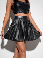 Women Zip Back PU Leather Pleated Skirt