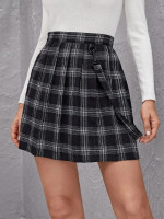 Women Strap Detail Tartan Pleated Skirt