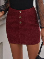 Women Corduroy Button Front Mini Skirt