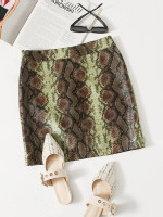 Women Snakeskin Print PU Leather Skirt