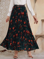 Women Floral Print Pleated Belted Skirt