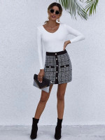 Women Pearl Button Plaid Tweed Skirt
