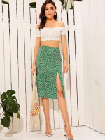 Ditsy Floral Print Slit Hem Button Front Skirt