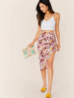 Floral Print Drawstring Asymmetrical Hem Skirt