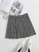 Women Boxy Pleated Houndstooth Skirt