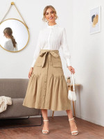 Women Pocket Front Self Belted Skirt