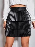 Women PU Leather Layered Pleated Skirt
