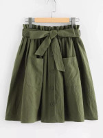 Paperbag Waist Pocket Front Buttoned Utility Skirt