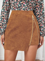 Women Corduroy O-ring Zip Detail Mini Skirt
