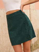Women Button Front Ruffle Trim Corduroy Skirt