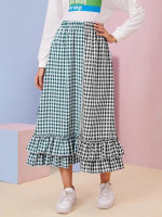 Women Color-block Gingham Ruffle Hem Skirt