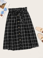 Button Front Paperbag Waist Belted Grid Skirt