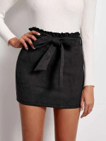 Women Paperbag Waist Belted Suede Skirt