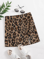 Women Zipper Side Split Hem Leopard Cord Skirt