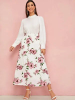 Large Floral High Waist Plisse Skirt