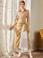 Women Pleated Two Tone Belted Skirt