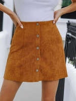 Women Button Fly Solid Suede Skirt