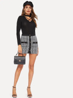 Button Up Tweed Plaid Bodycon Skirt