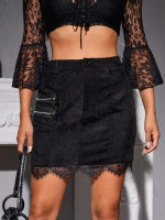 Women Lace Panel Zipper Detail Corduroy Skirt Without Belt