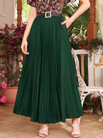 Women Solid Pleated Maxi Skirt With Belt