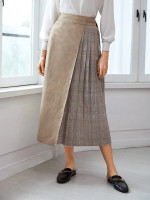Women Contrast Pleated Plaid Wrap Skirt