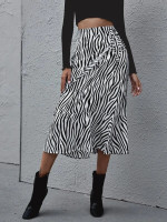 Women Zebra Stripe Tie Side Ruffle Hem Skirt