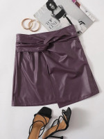 Women Twist Front Asymmetrical Hem PU Leather Skirt