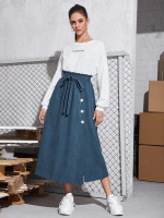 Women Paperbag Waist Button Front Belted Skirt
