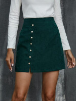 Women Button Front Zipper Back A-line Skirt