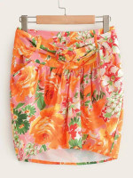 Floral Print High Low Belted Skirt
