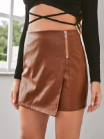 Women Zip Fly Wrap PU Leather Bodycon Skirt