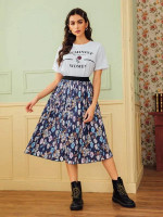 Floral Print Elastic Waist Pleated Skirt