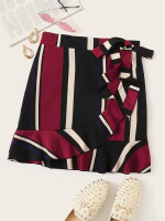 Striped Ruffle Hem Knot Side Wrap Skirt