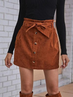 Women Button Front Belted Cord Skirt