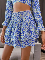 Women Double Crazy Floral Print Shirred Layered Skirt
