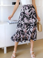 Women Floral Print Ruffle Hem Skirt
