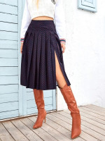 Women Chain Print Split Thigh Pleated Skirt