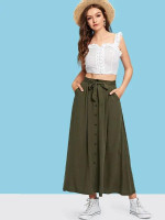 Button & Split Front Belted Solid Skirt