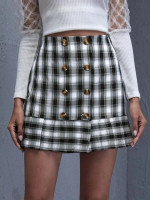 Women Double Button Ruffle Hem Plaid Skirt