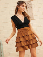 Belted Layered Ruffle Suede Skirt