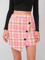 Women Button Front Asymmetrical Hem Plaid Skirt