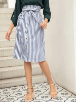 Striped Button Front Belted Skirt