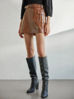 Women Buckle Belted Faux Patent Skirt
