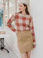 Women Double Button Wool-Mix Fabric Skirt