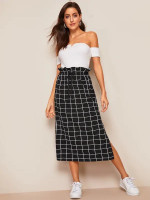 Paperbag Waist Split Side Grid Skirt