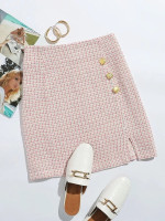 Women Plaid Button Detail Slit Hem Tweed Skirt