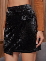 Women Buckle Strap Detail Wrap Asymmetrical Velvet Skirt