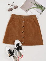Women Corduroy Button Front Slant Pocket Skirt