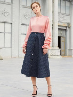 Women Solid Button Detail Elastic Waist Skirt
