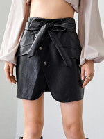 Women Paperbag Waist Button Front Belted PU Leather Skirt